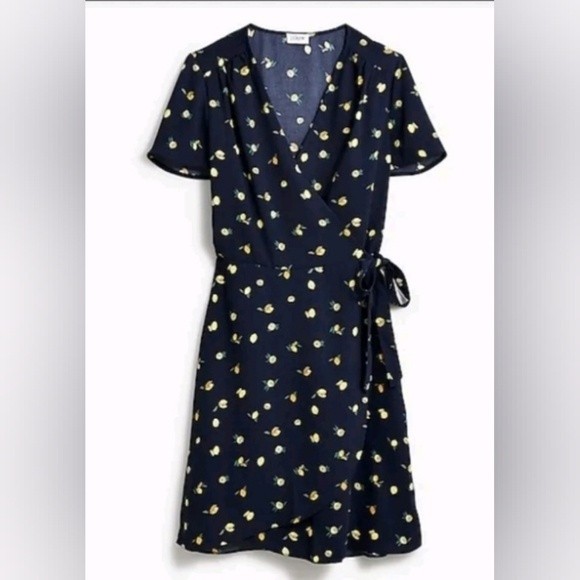 J. Crew Dresses & Skirts - J. Crew Lemon Fruit Print Blue True Wrap Dress Women's 4